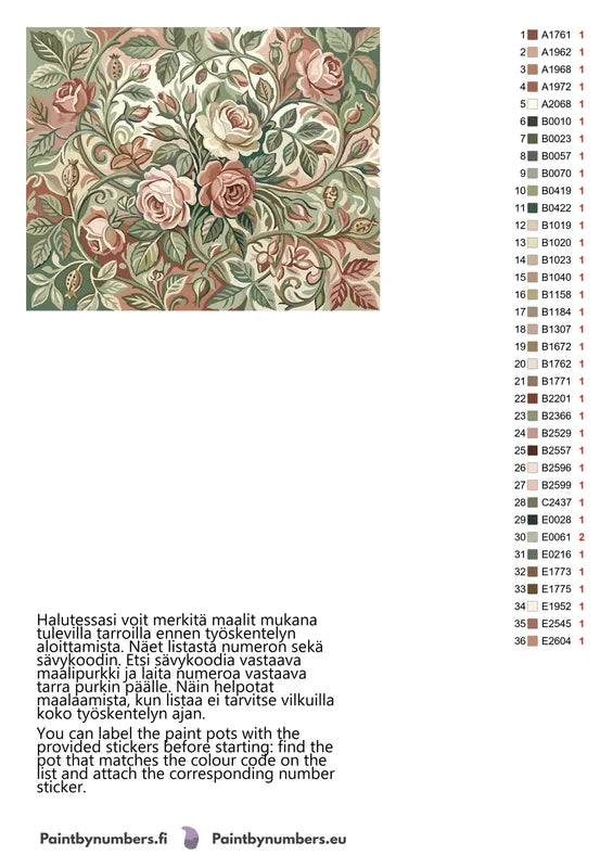 Värikartta ja ohjeet - Vintage Roses and Leaves 50x40cm