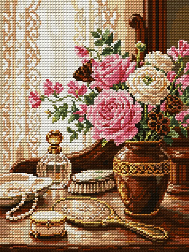 Vintage Vanity Floral Still Life, 30x40 cm timanttimaalaus – koko kuvion esikatselu ilman lähikuvaa