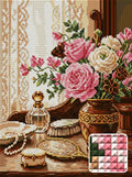 Thumbnail for Vintage Vanity Floral Still Life, 30x40 cm timanttimaalaus – lopullisen kuvion esikatselu ja lähikuva neliönmuotoisista timanteista