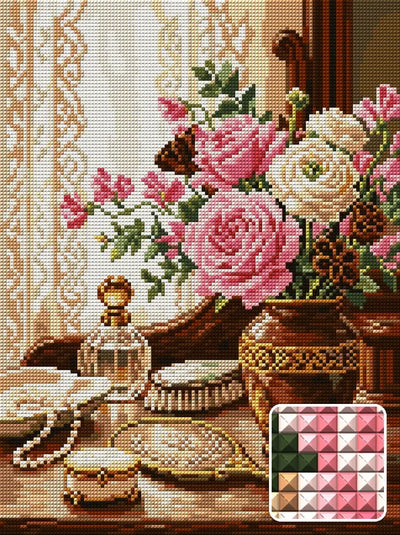 Vintage Vanity Floral Still Life, 30x40 cm timanttimaalaus – lopullisen kuvion esikatselu ja lähikuva neliönmuotoisista timanteista
