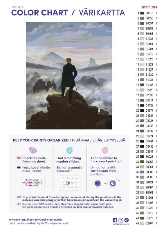 Numeromaalaus: Värikartta ja ohjeet - Wanderer above the Sea of Fog 40x50cm