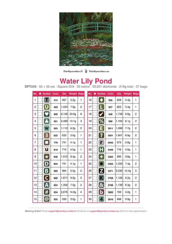 Water Lily Pond timanttimaalauksen värikartta – 30 DMC-väriä