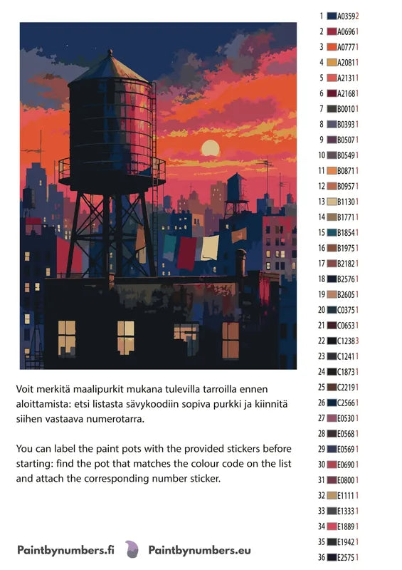 Värikartta ja ohjeet - Water Tower at Sunset 40x50cm