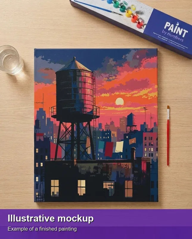 Valmiin numeromaalauksen havainnekuva - Water Tower at Sunset 40x50cm