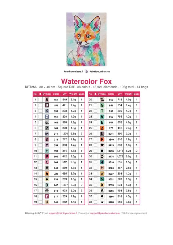 Watercolor Fox timanttimaalauksen värikartta – 38 DMC-väriä