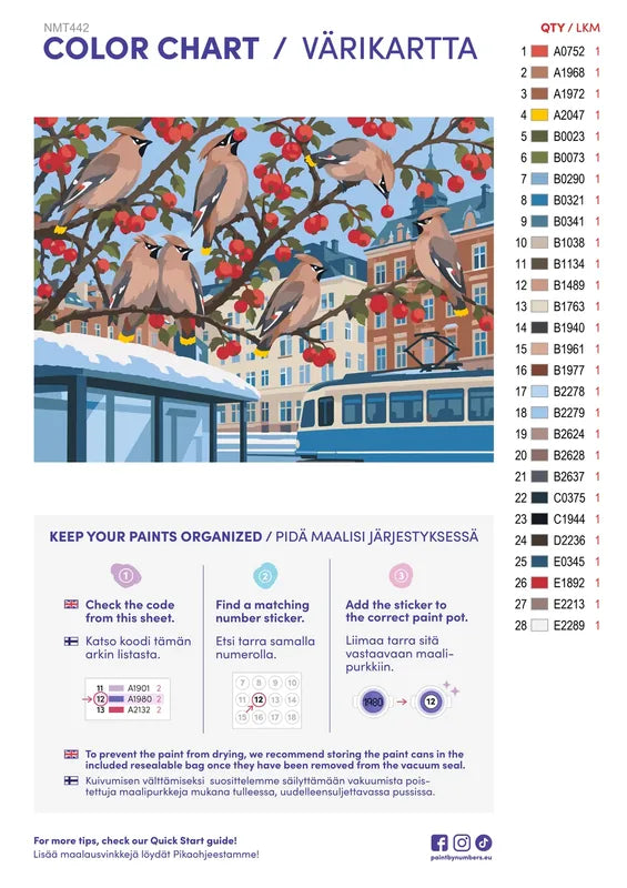 Numeromaalaus: Värikartta ja ohjeet - Waxwings at a Gothenburg Tram Stop 40x30cm