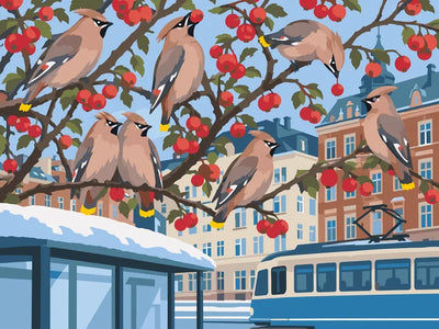 Numeromaalaus tilhiparvesta punaisia hedelmiä kantavassa puussa göteborgilaisella raitiovaunupysäkillä.