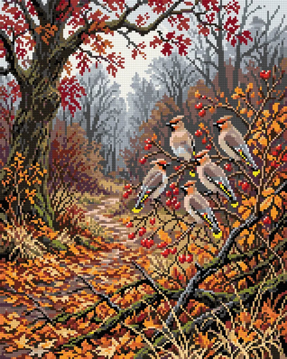 Waxwings in Autumn Forest, 40x50 cm timanttimaalaus – lopullisen kuvion esikatselu