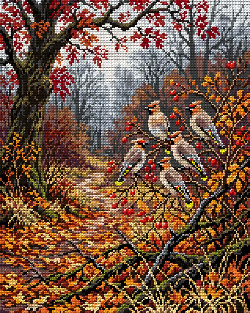Waxwings in Autumn Forest, 40x50 cm timanttimaalaus – koko kuvion esikatselu ilman lähikuvaa