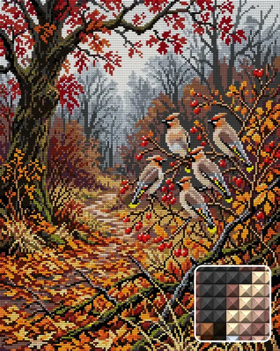 Waxwings in Autumn Forest, 40x50 cm timanttimaalaus – lopullisen kuvion esikatselu ja lähikuva neliönmuotoisista timanteista