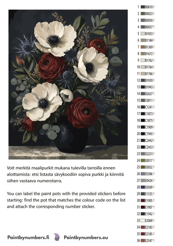Värikartta ja ohjeet - White Anemones and Red Roses 40x50cm