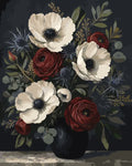 Thumbnail for Valkoiset anemoneja ja punaiset ruusut numeromaalaus mustassa maljakossa.