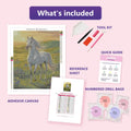 Thumbnail for White Horse in Meadow 40x50cm timanttimaalauspaketin sisalto: liimapintainen canvas, varikartta, tyokalut ja timanttipussit