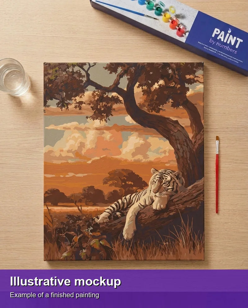 Valmiin numeromaalauksen havainnekuva - White Tiger Resting 40x50cm