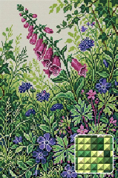 Wildflower Garden Harmony, 40x60 cm timanttimaalaus – lopullisen kuvion esikatselu ja lähikuva neliönmuotoisista timanteista