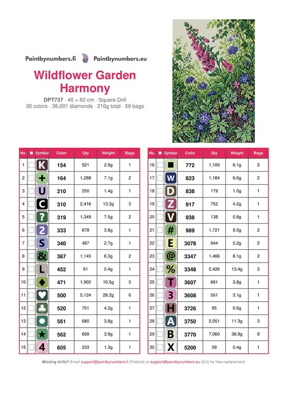 Wildflower Garden Harmony timanttimaalauksen värikartta – 30 DMC-väriä