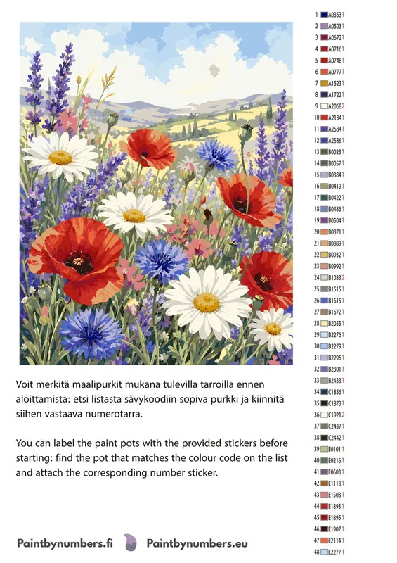 Värikartta ja ohjeet - Wildflowers and Hills Landscape 40x50cm