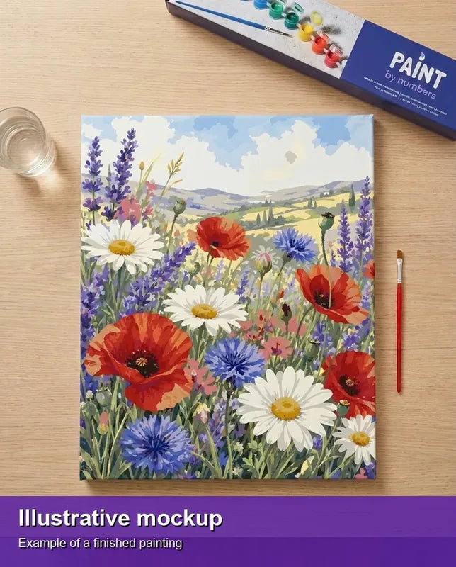 Valmiin numeromaalauksen havainnekuva - Wildflowers and Hills Landscape 40x50cm