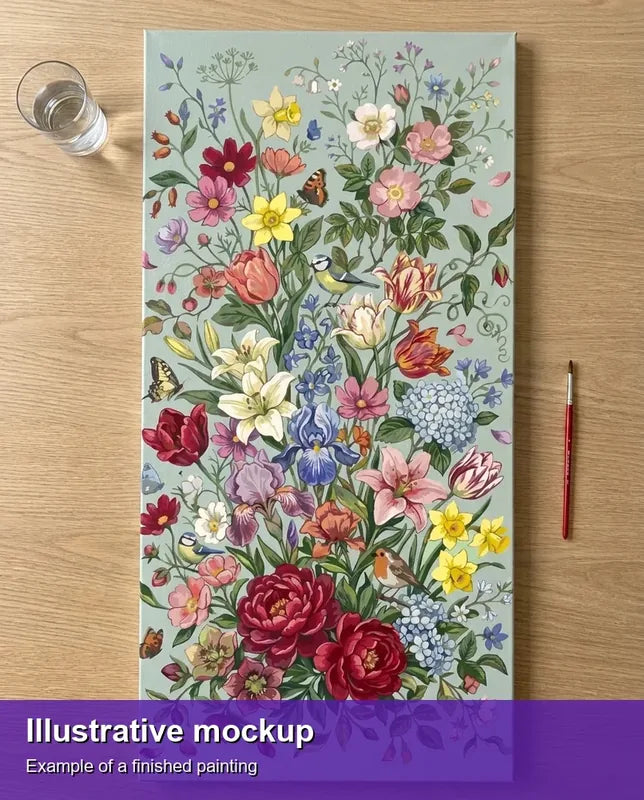 Valmiin numeromaalauksen havainnekuva - Wildflowers Birds and Butterflies 40x80cm