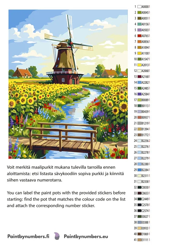 Värikartta ja ohjeet - Windmill and Sunflower Field 40x50cm
