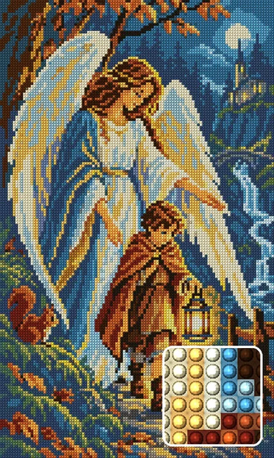 Wings over the Lantern Path, 30x50 cm timanttimaalaus – lopullisen kuvion esikatselu ja lähikuva pyöreistä timanteista