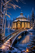 Thumbnail for Timanttimaalaus valaistusta paviljongista lumisessa talvimaisemassa ja koristellusta sillasta.