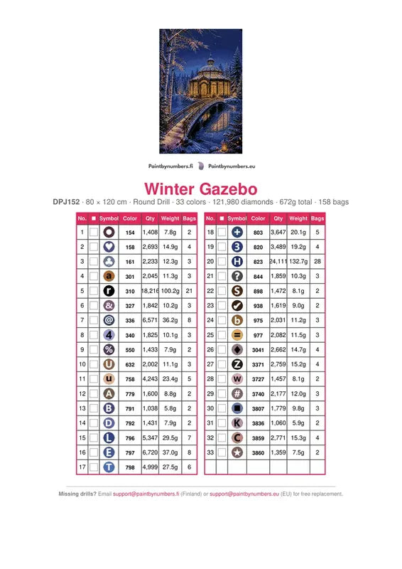 Winter Gazebo timanttimaalauksen värikartta – 33 DMC-väriä