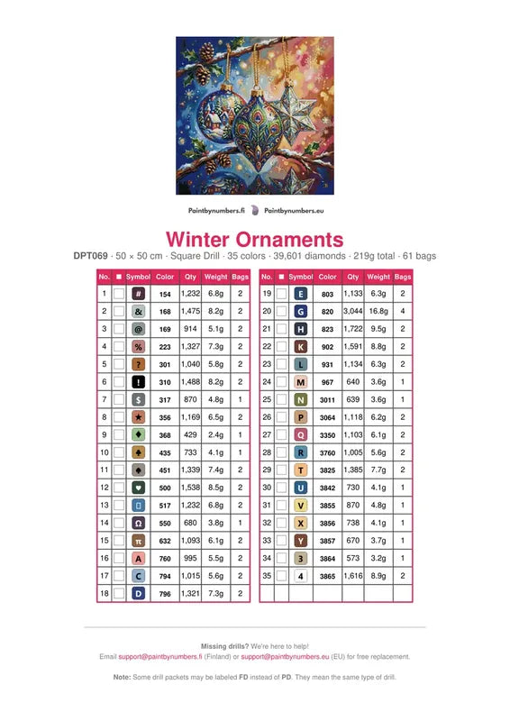 Winter Ornaments timanttimaalauksen värikartta – 35 DMC-väriä