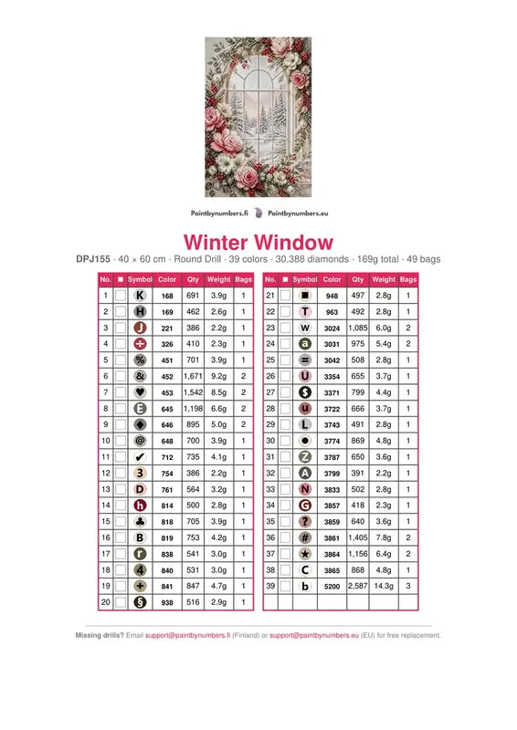 Winter Window timanttimaalauksen värikartta – 39 DMC-väriä