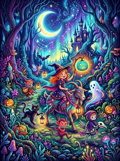 Timanttimaalaus satumaisesta halloween-kulkueesta kuutamometsässä, värikäs ja yksityiskohtainen.