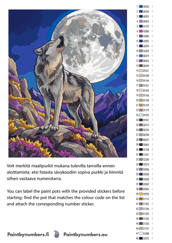 Värikartta ja ohjeet - Wolf Howling at Moon 40x50cm