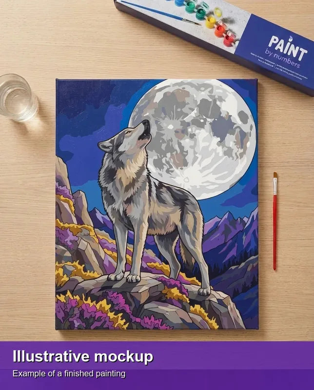 Valmiin numeromaalauksen havainnekuva - Wolf Howling at Moon 40x50cm