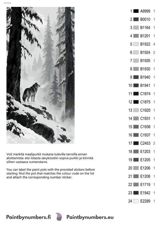 Numeromaalaus: Värikartta ja ohjeet - Wolf in the Ink Forest 40x80cm