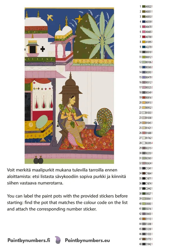 Värikartta ja ohjeet - Woman Addressing a Peacock Gujari Ragini of Megh 40x70cm