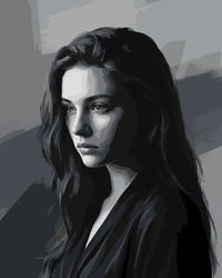 Thumbnail for Nainen varjossa muotokuva numeromaalaus. Harmaan ja mustan sävyjä.