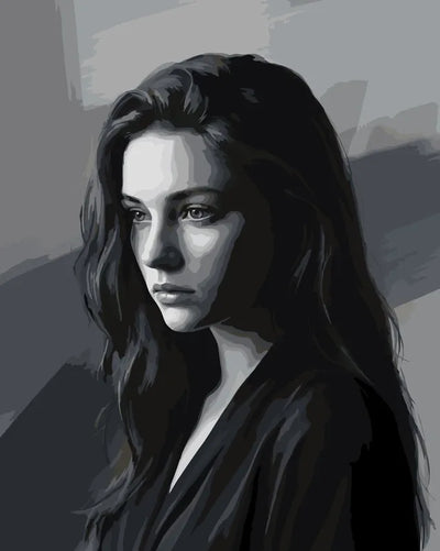 Nainen varjossa muotokuva numeromaalaus. Harmaan ja mustan sävyjä.