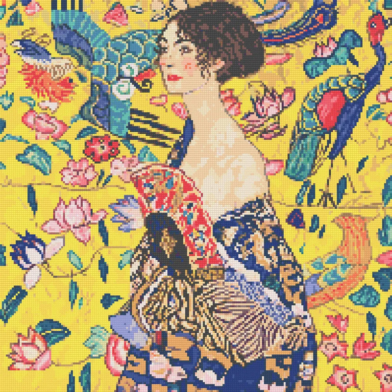 Woman with a Fan by Klimt, 50x50 cm timanttimaalaus – lopullisen kuvion esikatselu