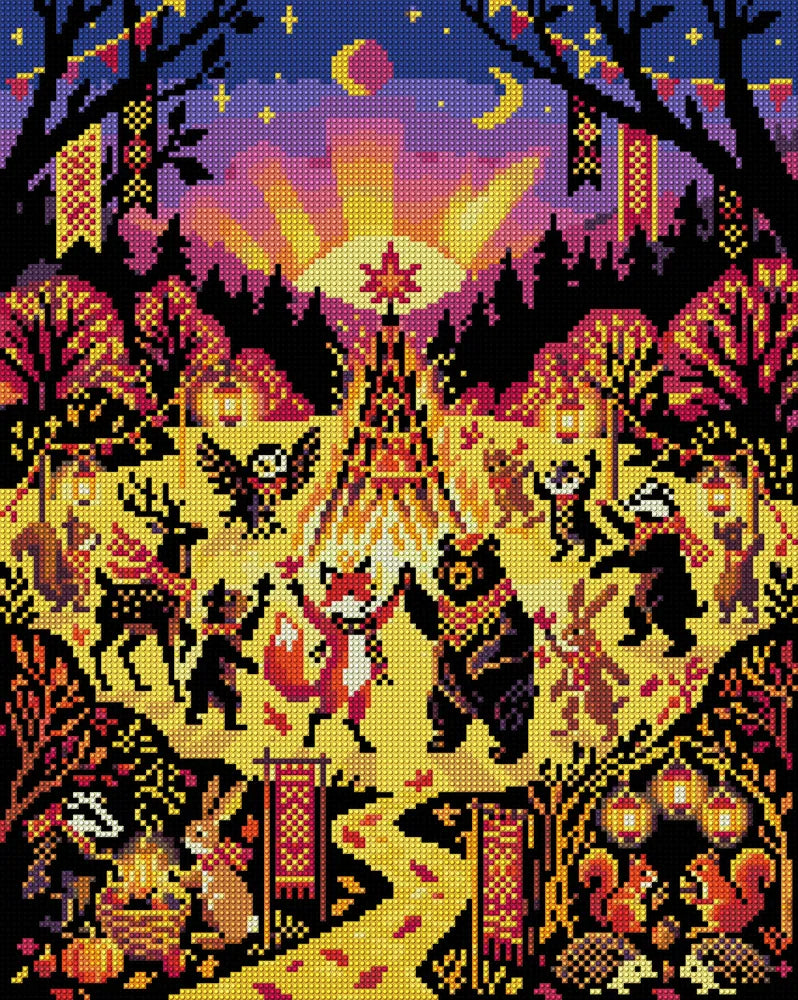 Woodland Animals Festival Night, 40x50 cm timanttimaalaus – koko kuvion esikatselu ilman lähikuvaa