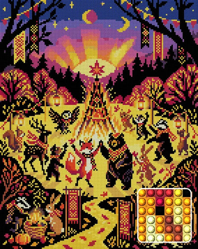 Woodland Animals Festival Night, 40x50 cm timanttimaalaus – lopullisen kuvion esikatselu ja lähikuva pyöreistä timanteista