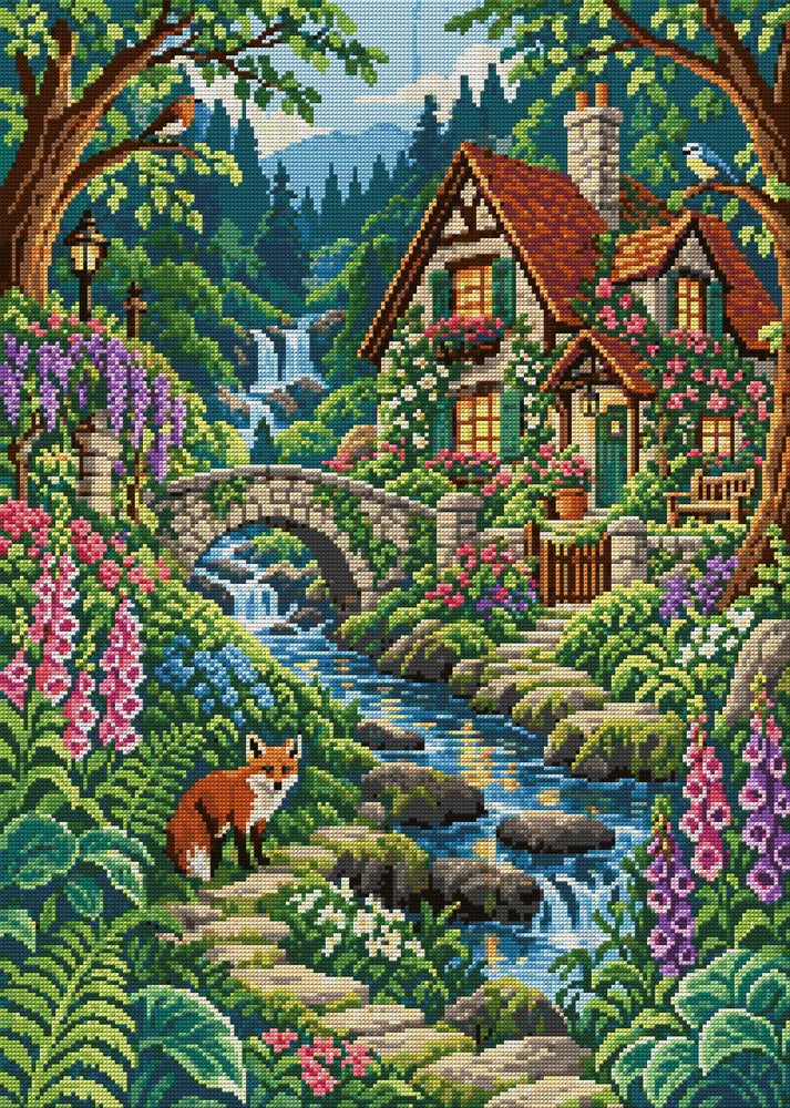 Woodland Cottage, 50x70 cm timanttimaalaus – koko kuvion esikatselu ilman lähikuvaa