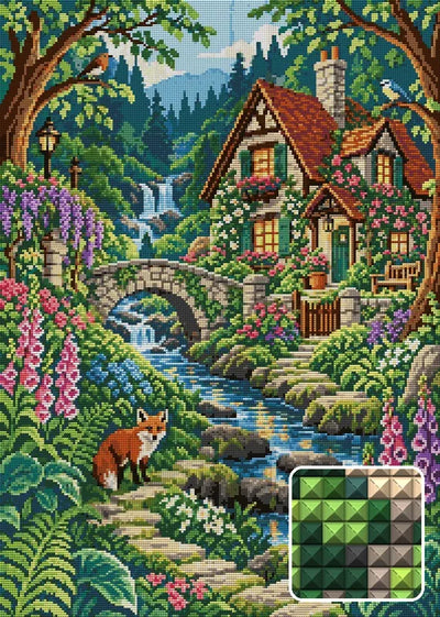 Woodland Cottage, 50x70 cm timanttimaalaus – lopullisen kuvion esikatselu ja lähikuva neliönmuotoisista timanteista