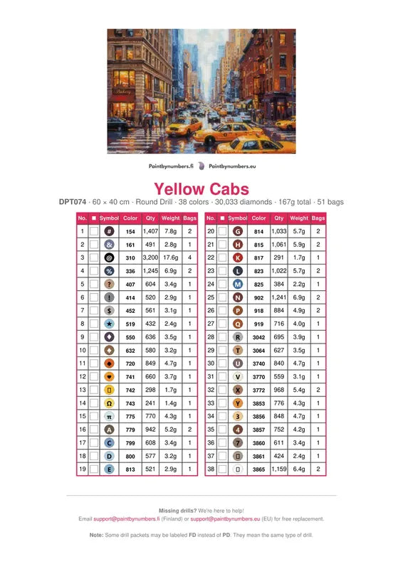 Yellow Cabs timanttimaalauksen värikartta – 38 DMC-väriä