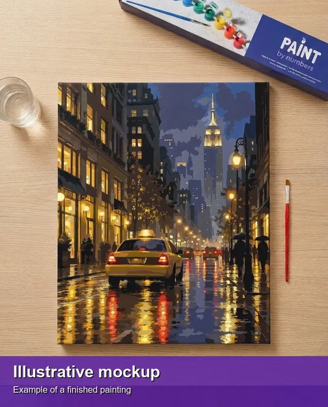 Valmiin numeromaalauksen havainnekuva - Yellow Taxi City Night 40x50cm