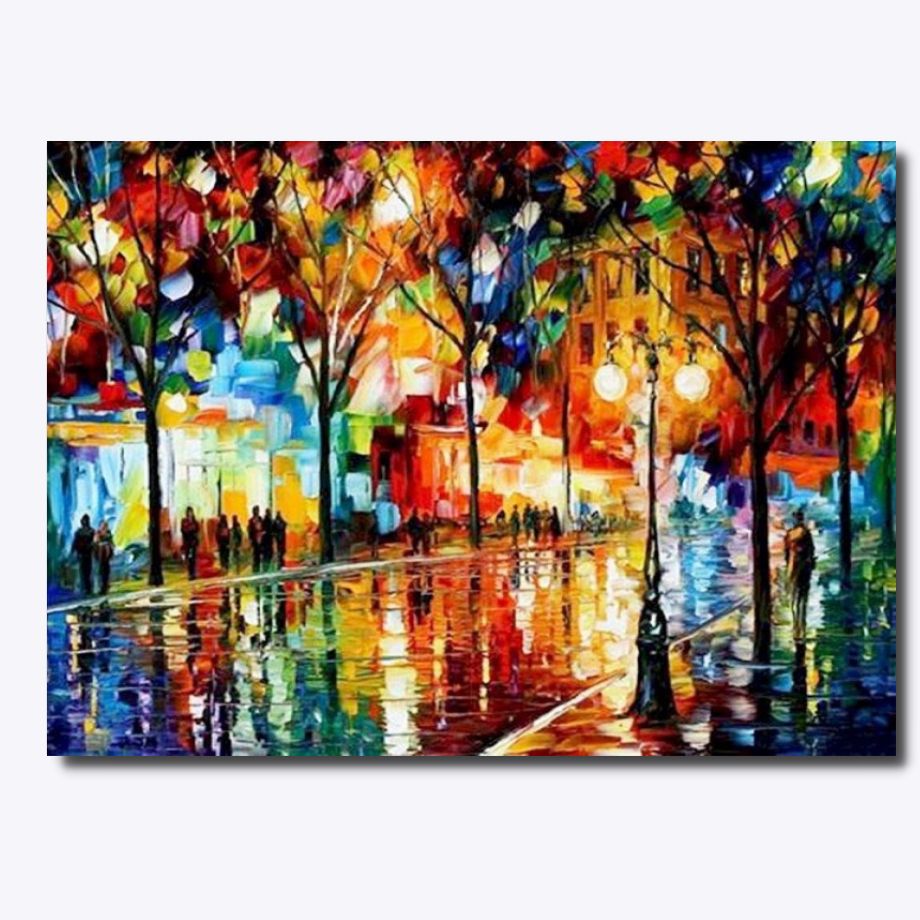 Diamond painting jonka kuvassa on varikkailla maaleilla maalattu kavelykatu iltahamaralla
