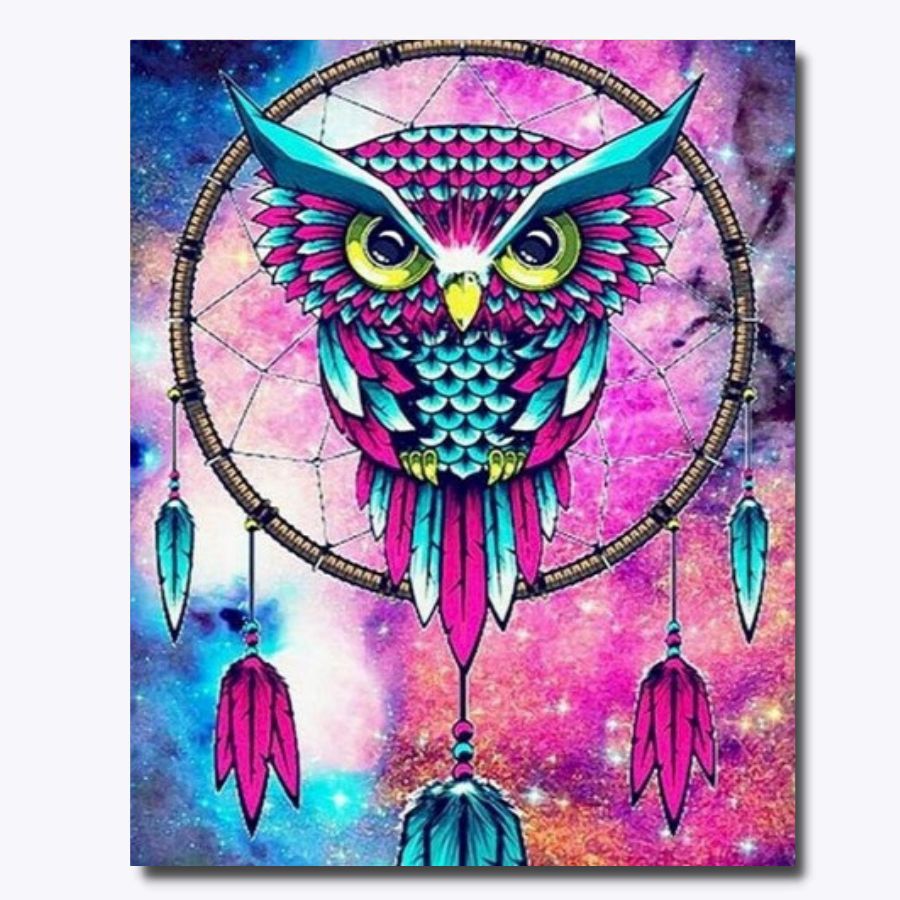 diamond painting jossa on turkoosi violetti pollo.