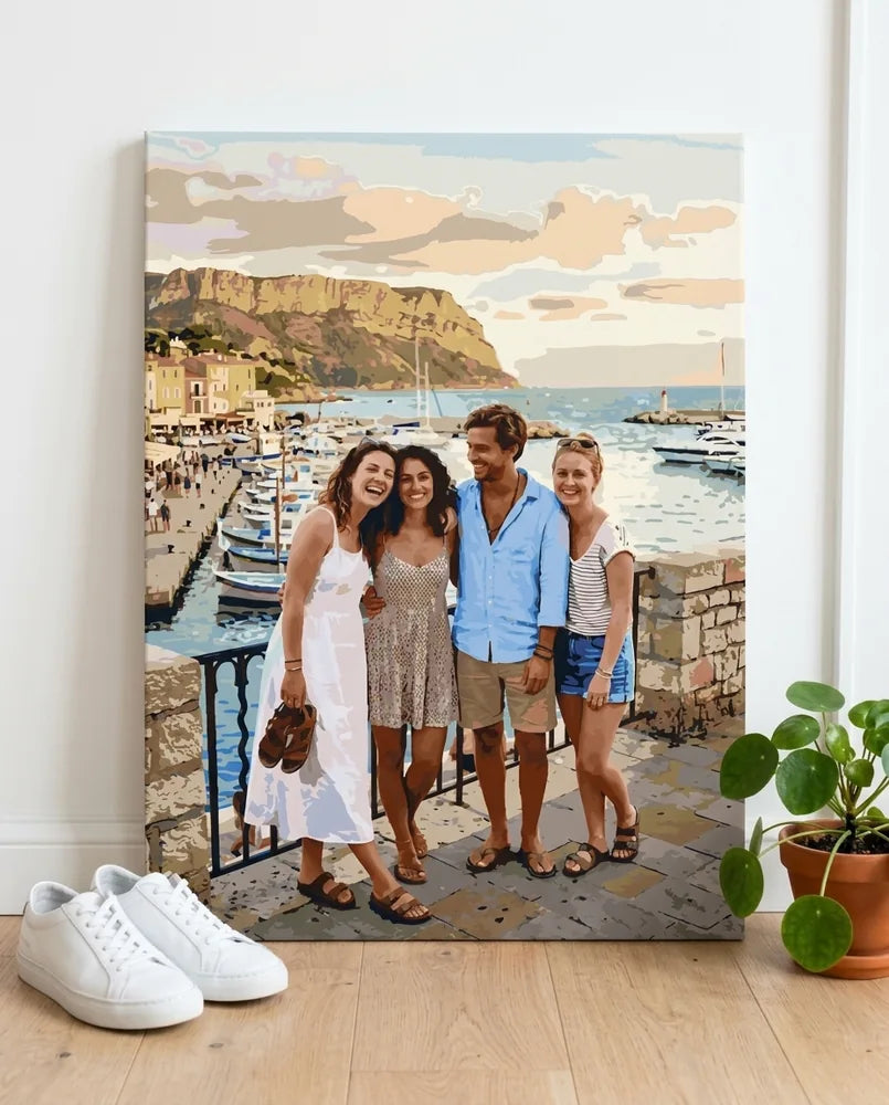 60×80 cm numeromaalaus omasta kuvasta – ryhmäkuva lomamatkalta valmiina maalauksena