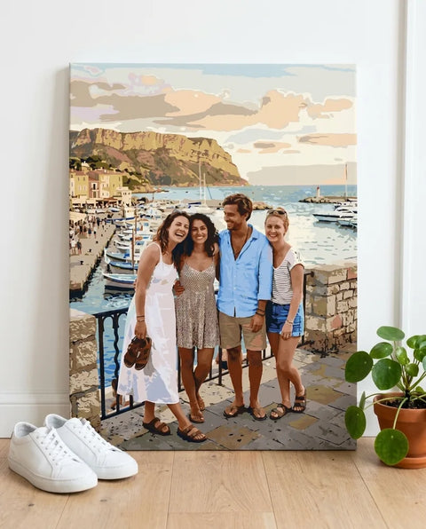 60×80 cm numeromaalaus omasta kuvasta – ryhmäkuva lomamatkalta valmiina maalauksena