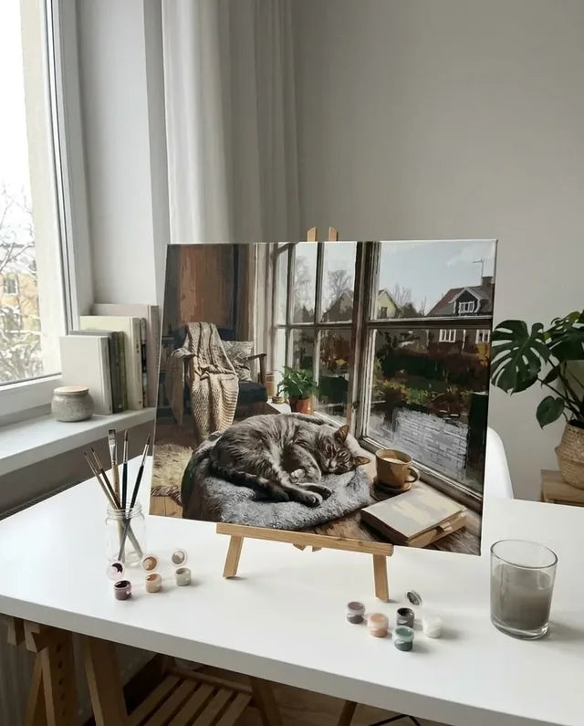 40×50 cm numeromaalaus omasta kuvasta – valmis maalaus pöytätelineellä