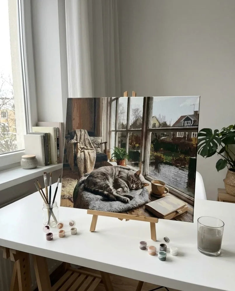 40×50 cm numeromaalaus omasta kuvasta – valmis maalaus pöytätelineellä