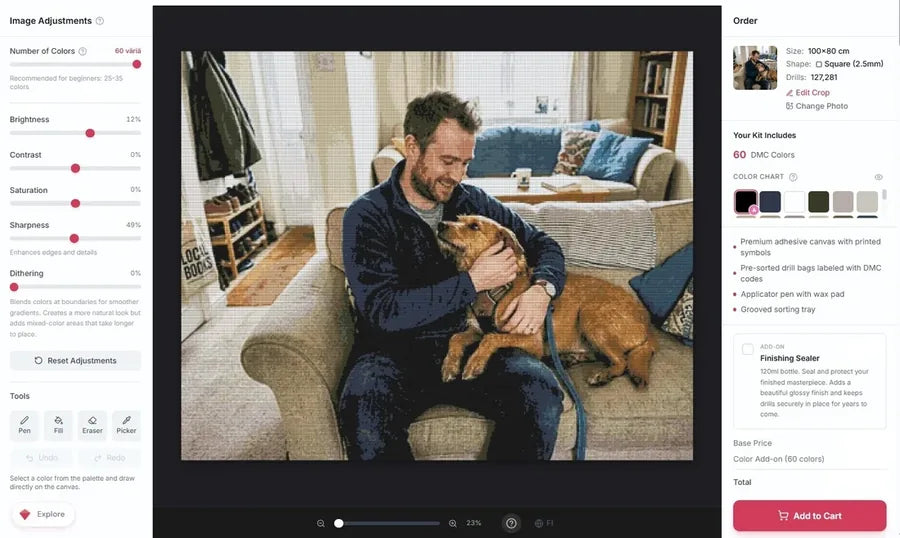 Timanttimaalauseditori, jossa koira-aiheista kuvaa säädetään ennen tilausta